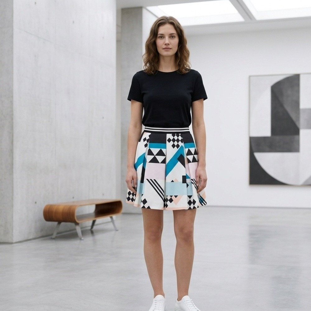 Peacebird‎ Street Mini Skirt Womens L Geometric Abstract Pleated A-Line Side Zip